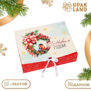 Коробка подарочная новогодняя складная, упаковка, «Снигирь и венок», 31 24,5 8 см .