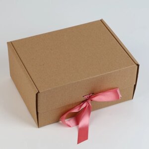Коробка подарочная складная, упаковка, «Крафт, розовая лента», 22 х 16.5 х 10 см