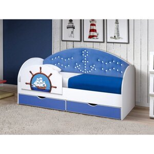 Кровать детская с мягкой спинкой и бортиком «Штурвал», 800 1600 мм, цвет белый / синий