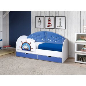 Кровать детская с мягкой спинкой «Штурвал», 800 1600 мм, без бортика, белый / синий