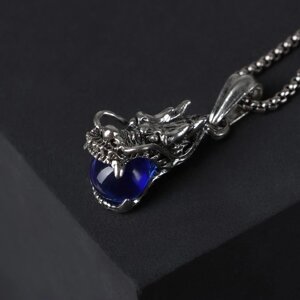 Кулон-амулет «Помпеи» дракон, цвет синий в чернёном серебре, 70 см