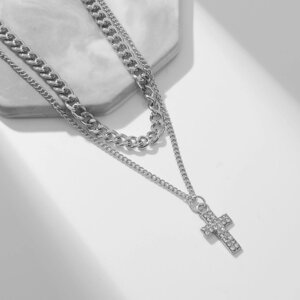 Кулон «Цепь» крест плоский, цвет белый в серебре, 40 см