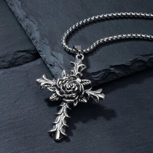 Кулон «Роза в кресте» розенкрейцерский орден, цвет чернёное серебро, 70 см