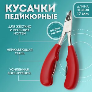 Кусачки педикюрные со скрытой пружиной, с пластиковой ручкой, изогнутое лезвие, 13 см, длина лезвия - 17 мм, серебристые, красные