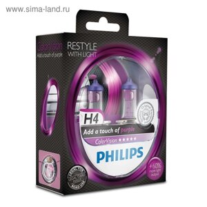 Лампа автомобильная Philips Color Vision, розовый, H4, 12 В, 60/55 Вт, набор 2 шт, 12342CVPPS2