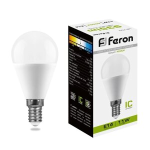 Лампа светодиодная FERON, G45, 11 Вт, E14, 840 Лм, 4000 К, 220°92х45, дневной белый