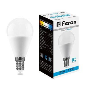Лампа светодиодная FERON, G45, 11 Вт, E14, 955 Лм, 6400 К, 220°92х45, холодный белый