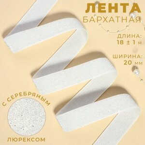 Лента бархатная, с серебряным люрексом, 20 мм, 18 1 м, цвет белый №01