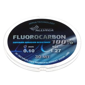 Леска монофильная ALLVEGA FX Fluorocarbon 100%диаметр 0.10 мм, тест 1.27 кг, 30 м, прозрачная