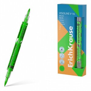 Маркер текстовыделитель 0.5-3.5 мм ErichKrause Visioline V-16 Brush Neon, двухсторонний, зеленый неон, чернила на водной основе