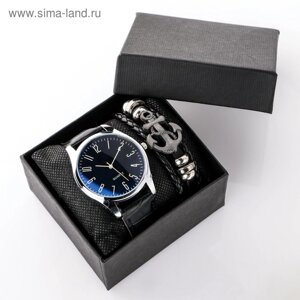 Мужской подарочный набор Boune 2 в 1: наручные часы, браслет "Якорь"