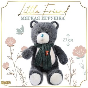 Мягкая игрушка "Little Friend", новогодний мишка с зелёным шарфом, цвет темно-серый