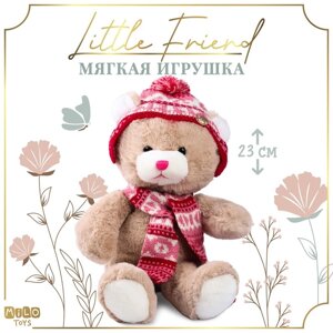 Мягкая игрушка "Little Friend", новогодний мишка в шапке и шарфе, цвет розовый