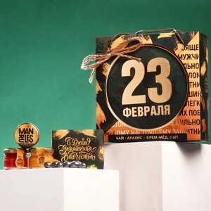Набор «23 февраля»крем-мед 30 г. х 3 шт., чай чёрный 20 г., орехи в шоколаде 100 г.