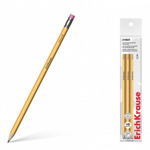 Набор чернографитных карандашей с ластиком 4 штуки ErichKrause "Amber", HB, грифель d=2.2 мм, дерево, шестигранных в пакете, жёлтый корпус