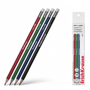 Набор чернографитных карандашей с ластиком 4 штуки ErichKrause "Deep Classic triangular", HB, грифель d=2.2 мм, дерево, трехгранных в пакете, микс