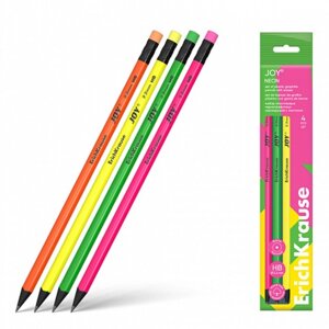 Набор чернографитных карандашей с ластиком 4 штуки ErichKrause "JOY Neon", HB, грифель d=2.2 мм, пластик, круглых в пакете, неон микс