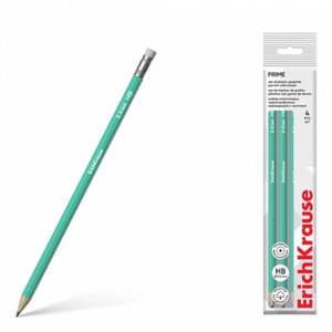 Набор чернографитных карандашей с ластиком 4 штуки ErichKrause "Prime", HB, грифель d=2.2 мм, пластик, шестигранных в пакете, зелёный корпус