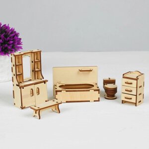 Набор деревянной мебели для кукол «Ванная»скамейка, ванна, унитаз, умывальник, шкаф)