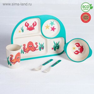 Набор детской посуды из бамбука «Морские жители», 5 предметов: тарелка, миска, стакан, столовые приборы