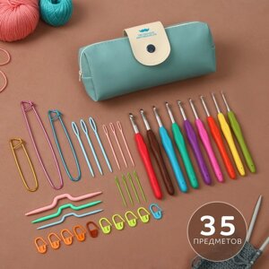 Набор для вязания, 35 предметов, в пенале, 20 10,5 4 см, цвет мятный