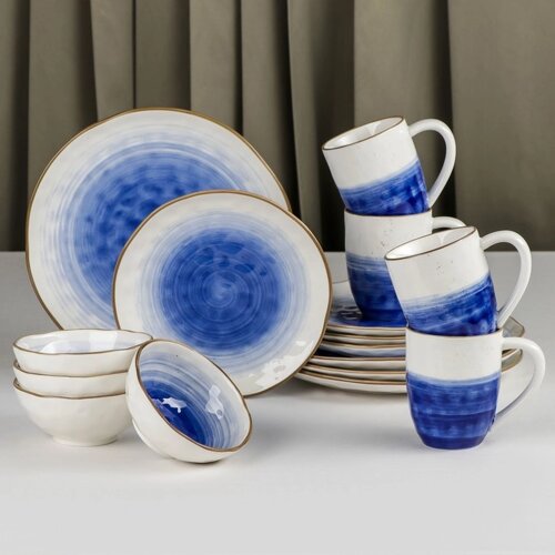Набор фарфоровой посуды Доляна «Космос», 16 предметов: 4 тарелки d=21 см, 4 тарелки d=27,5 см, 4 миски d=13 см, 4 кружки 400 мл, цвет синий