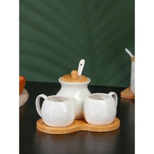 Набор фарфоровый чайный на бамбуковой подставке BellaTenero, 4 предмета: 2 чашки 100 мл, сахарница с ложкой 240 мл, цвет белый