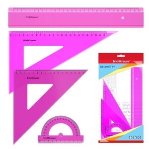 Набор геометрический ErichKrause Neon, пластиковый, большой (линейка, 2 угольника, транспортир), розовый, в флоупаке
