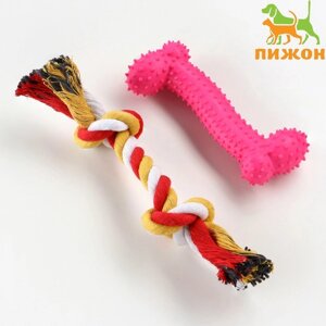 Набор игрушек для средних собак "Кость (16 см) и канат (90-100 г) розовая