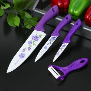 Набор кухонных принадлежностей Доляна, 4 предмета: 3 ножа с антиналипающим покрытием, лезвие 8,5 см, 12 см, 20 см, овощечистка, цвет фиолетовый