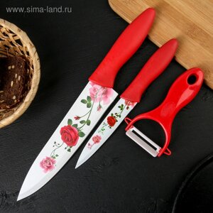 Набор кухонных принадлежностей Доляна «Нарцисс», 3 предмета: 2 ножа с антиналипающим покрытием, лезвие 12 см, овощечистка, 204 см, цвет красный