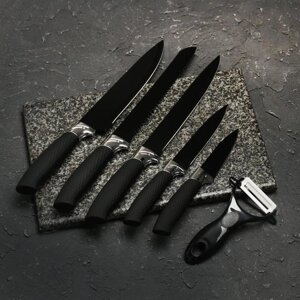 Набор кухонных принадлежностей Доляна «Супер-блек», 6 предметов: ножи 19 см, 23 см, 32 см, 32 см, керамическая овощечистка, 324 см, цвет чёрный