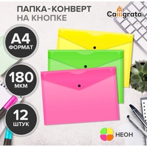 Набор папок-конвертов на кнопке 12 штук, А4, 180 мкм, Calligrata Neon, полупрозрачные, неоновый МИКС