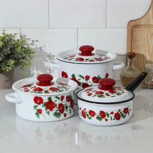 Набор посуды «Рамо», 3 предмета: кастрюли 2/3,5 л; ковш 1,5 л, эмалированные крышки, индукция
