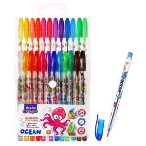 Набор ручек гелевых 24 цветов (12 с блестками + 6 флуоресцентных + 6 пастельных) Mazari "OCEAN", ароматизированные, пулевидный пишущий узел 0,9 мм, пластиковый цветной корпус