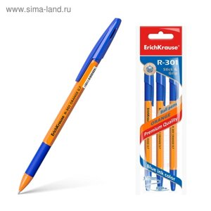 Набор ручек шариковых 3 штуки ErichKrause R-301 Orange Stick & Grip, узел 0.7 мм, чернила синие, резиновый упор, длина линии письма 1000 метров, европодвес