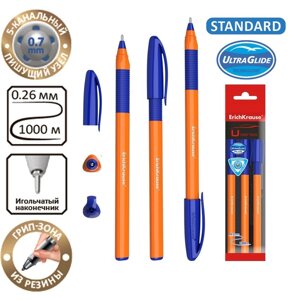 Набор ручек шариковых 3 штуки, ErichKrause U-109 Orange Stick&Grip, игольчатый узел 1.0 мм, чернила синие, супермягкое письмо, резиновый держатель, корпус оранжевый