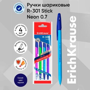 Набор ручек шариковых 4 штуки, ErichKrause R-301 Neon Stick, узел 0.7 мм, чернила синие, корпус неоновый, длина линии письма 2000 метров, МИКС