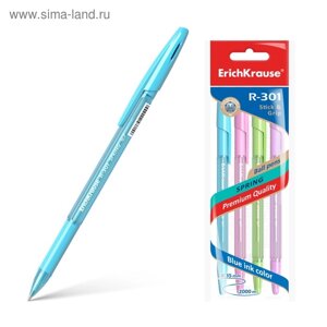 Набор ручек шариковых 4 штуки ErichKrause R-301 Spring Stick & Grip, узел 0.7 мм, чернила синие, резиновый упор, длина линии письма 1000 метров, европодвес