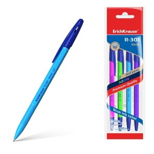 Набор ручек шариковых ErichKrause R-301 Neon Stick, 4 штуки, узел 0.7 мм, цвет чернил синий, корпус неоновый микс