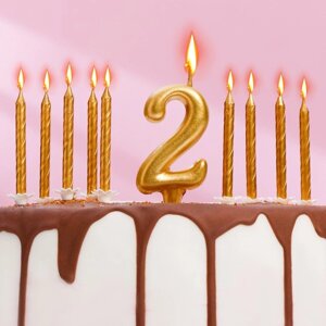 Набор свечей для торта (2 в 1) золотая Цифра "2"Свечи "С Днём Рождения" золотые 10 шт, 7 см 71508