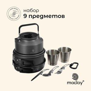 Набор туристической посуды maclay: кастрюля, сковородка, чайник, 2 стакана, приборы, карабин