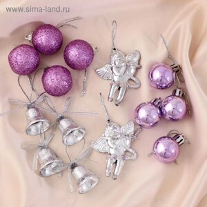 Набор украшений пластик 14 шт "Сюрприз"4 колокол, 8 шаров, 2 ангела) серебро, фиолет