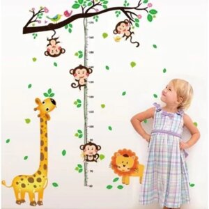 Наклейка пластик интерьерная цветная ростомер "Жираф и мартышки на лиане" 60х90 см