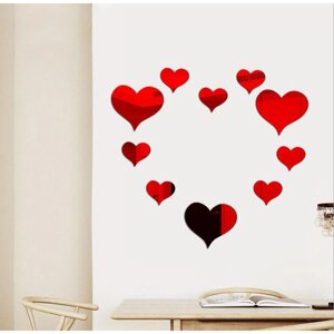 Наклейки интерьерные "Сердца", зеркальные, декор на стену, набор 10 шт, 14 х 15, 9 х 10 см