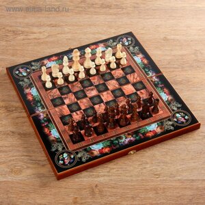 Настольная игра 3 в 1 "Цветы"шахматы, шашки, нарды (доска дерево 50х50 см)