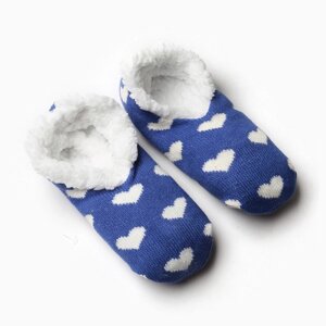 Носки женские укороченные нескользящие с мехом, цвет синий/сердечки, размер 36-40