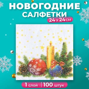 Новогодние салфетки бумажные Гармония цвета многоцветие "Свеча", 24*24 см 100 листов