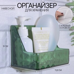 Органайзер для хранения «GREEN», навесной, 1 секция, с клеевой основой, 11,8 7,8 9 см, цвет полупрозрачный/зелёный