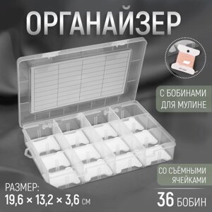 Органайзер для ниток мулине с бобинами, со съёмными ячейками, 12 отделений, 19,6 13,2 3,6 см, цвет прозрачный